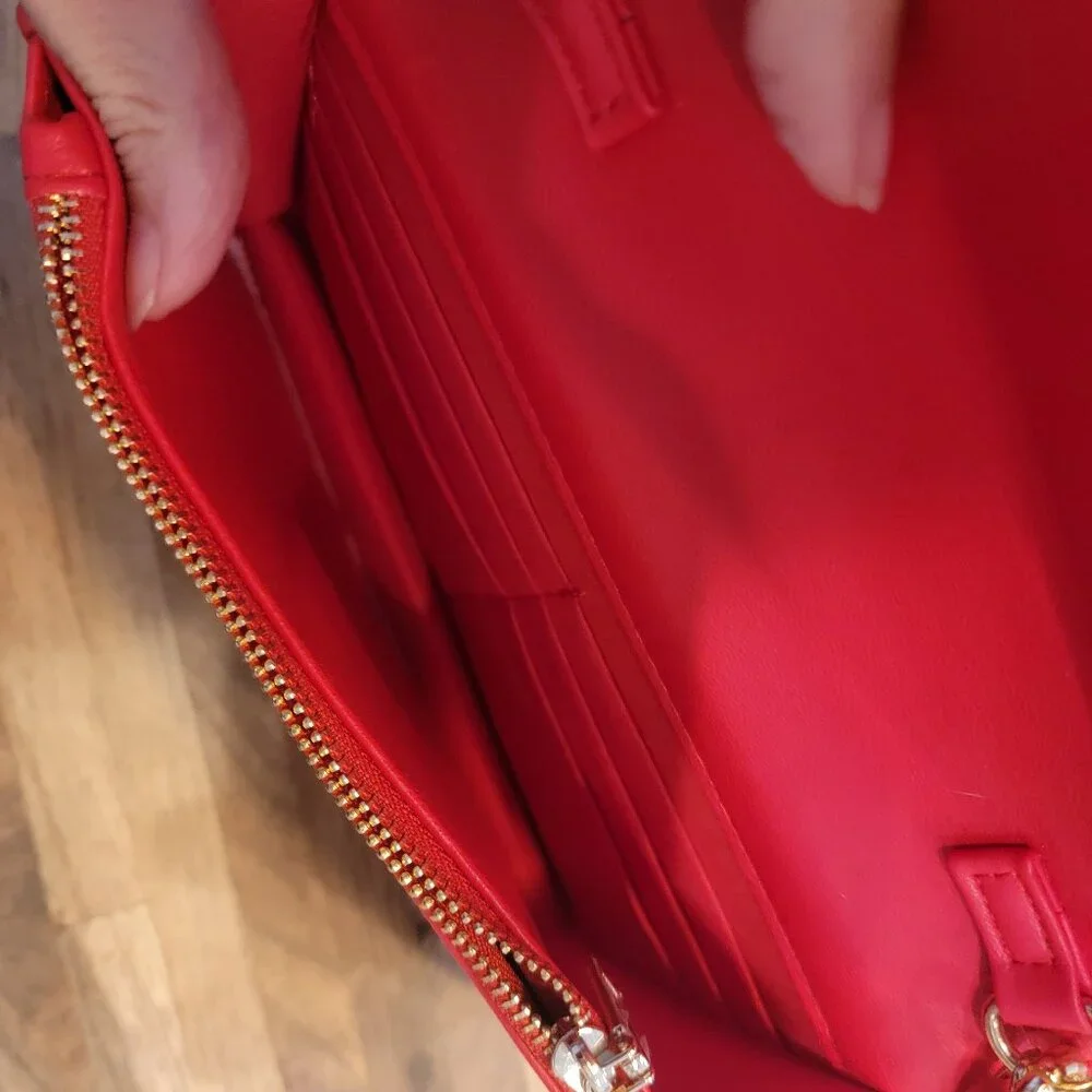 BEBE Red Quilted Faux Leather Crossbody Purse w Gold Chain Handstrap